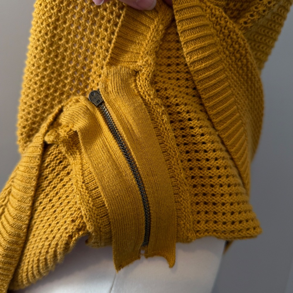 Mustard Yellow Textured Knit Crew Neck Long Sleeve Zipper Detail Sweater Top S - Picture 10 of 15